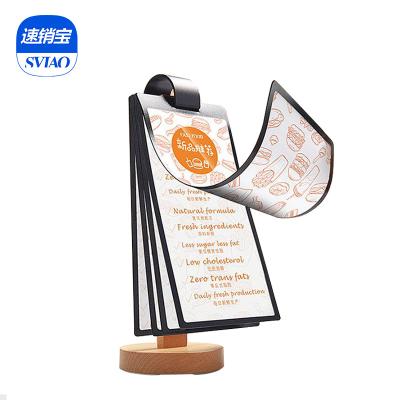 China Recycled A5 Round Pages Custom Bar Coffee Table Wooden Restaurant Menu Paging Logo Menu Desktop Display Stand for sale