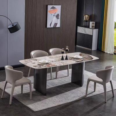 China Classic Ceramic Marble Top Dining Table with Chairs Set Black Base Dinning Room Furniture for sale