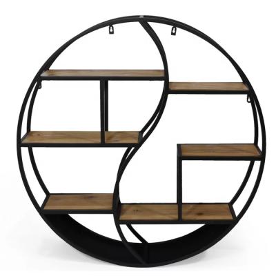 China Nordic Modern Sustainable Metal And Wooden Round Design Wall Hanging Shelf for sale