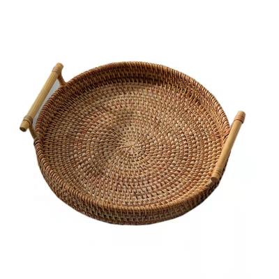 China Sustainable Woven Bread Baskets With Handles Around Rattan Cookie Tray For Serving Dinners Coffee Tea for sale