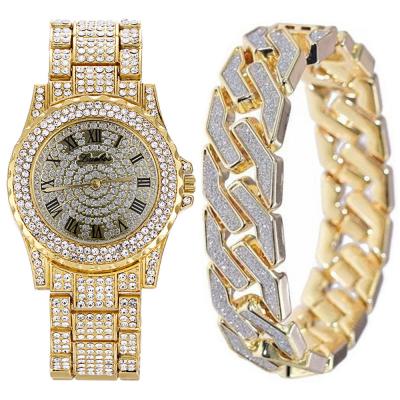 China Gold TRENDY Men's Fashion 2pcs/Set Watch Gift Set Bracelet Elegant Diamond Watches Sets Quartz Wristwatch for sale