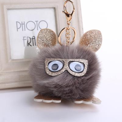 China Fast Delivery Cute Customized Lovely Owls Key Chain Cheap Plush Faux Fur Ball Plush Pom Pom Key Chain for sale