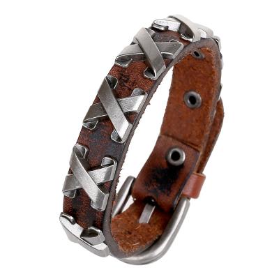 China Europe punk high quality classic style genuine leather bracelet with metal accessories charm for sale