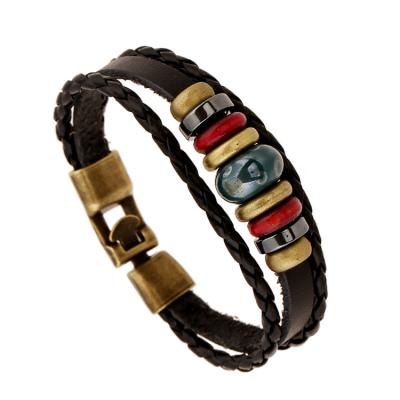 China Punk Adjustable Punk Wood Beads Wrap Bracelet Genuine Leather Men for sale