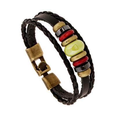 China Wholesale Braided Couples Punk Adjustable Beaded Leather Bracelet Fashion Hand Cuff Rope Bracelet for sale