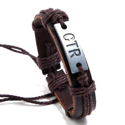 China Metal Punk Adjustable Size Charm Braided Leather Bracelet Fashion Waxed Leather Rope Bracelet for sale