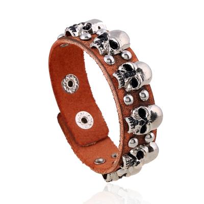 China Cheap vintage punk skull leather bracelet men's cheap charm custom wrap leather bracelet for sale