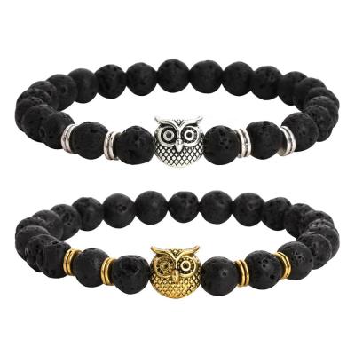 China Black Handmade Natural 8mm Lava Stone Bracelet Volcanic Stone Men Alloy Owl Beads Bracelet for sale