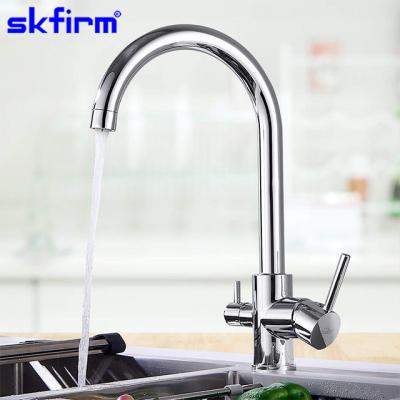 China Thermostatic Faucets skfirm Solid Brass Swivel 3 In 1 Drinking Water Kitchen Faucets Pull Down Tri Flow 3 Way Filtration Mixer Taps for sale