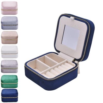 China Nanyue 2021 New Style Blue Velvet Women Girl Jewelery Organizer Zipper Mirror Jewelry Gift Earring Cosmetic Case Blue Jewelry Storage Box for sale