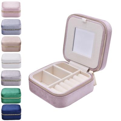 China Wholesale Custom Jewelry Boxes Vintage Jewelry Travel Hard Velvet Zipper Necklace Royal Pink Velvet Storage Box for sale