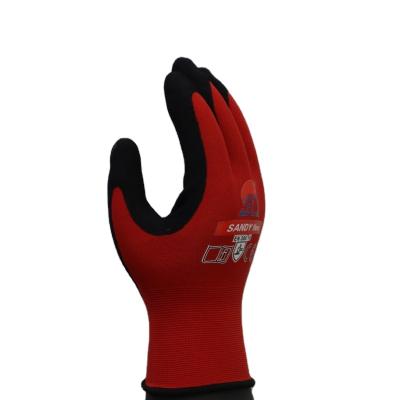 China Anti-Slip Polyester Shell In 13G , Foam Sandy Nitrile Glove With Red Polyester Wrapped Coating Nitrile Sandy Dipped Work Gloves for sale