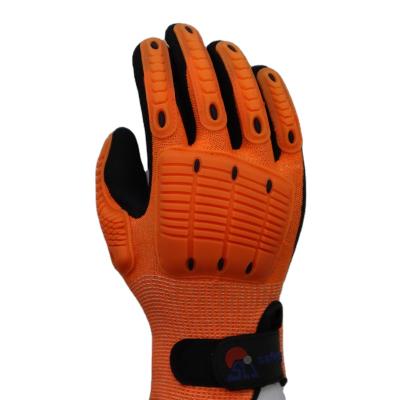 China Anti-impact Cut 5 HPPE Shell With Foam Sandy Nitrile Coating, Red Reinforcement, TPR Impact On Back, Magic Cuff Cut Resistant Gloves for sale