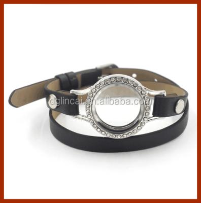 China Double ALLOY Leather Strap Around Glass Floating Pendant Bracelet for sale