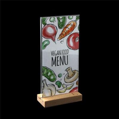 China Advertising Wooden Low Menu Inserts Table Talkers Food Menus Sign Holder Perspex Hotel Paper Label Holder for sale