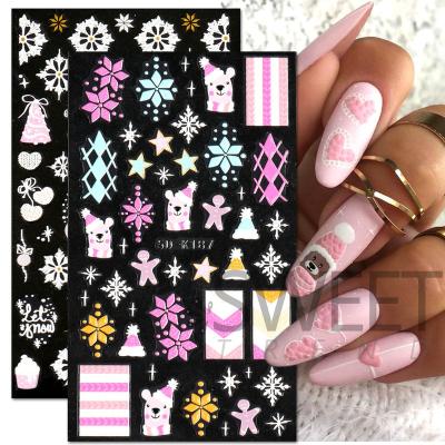 China Convenient Christmas nail art stickers wholesale 5D embossed cartoon snowflake pink Christmas tree sweater knitted nails for sale