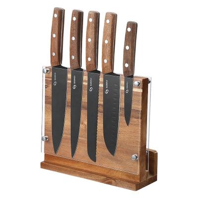 China Amazon Viable Hot Sale Chef's Knife Set 5pcs Professional Stainless Steel Kitchen Knife Sets With Acacia Wood Block for sale