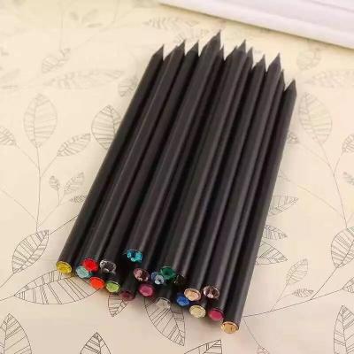 China Office School Wooden Pencil Premium Quality 7 Inch Round Hexagon Shape Custom Logo HB Wooden Black Pencil With Crystal On Top for sale