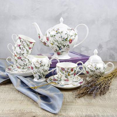 China Viable High Quality Luxury Fine Bone China Floral Designs 15 Pieces Cup Saucer Teapot Set Ceramic Tea Set for sale