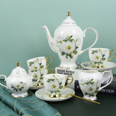 China Wholesale Viable Teapot 11Pcs High Quality Fine Gold Floral Cup And Saucer Bone China Ceramic Tea Set for sale