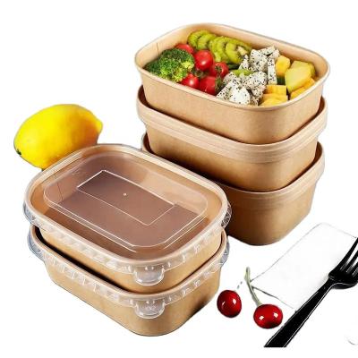 China Waterproof Greaseproof Disposable Kraft Paper Bowls with PP Lids Rectangle Take Out Food Containers Bento Boxes for Noodles Salads Soups Snacks BBQ for sale