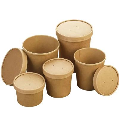 China Recycled Materials Waterproof oil-proof Disposable Kraft Paper Soup Containers Cups With Lids Paper Food Bowls for Frozen Yogurt Party Supplies Hot and Cold Food for sale