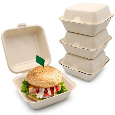 China Bio-degradable Sugarcane 100% Biodegradable PFAS-Free 6'' Clamshell Compostable Burger Takeout Food Containers Eco Bagasse To-Go Box Disposable for sale