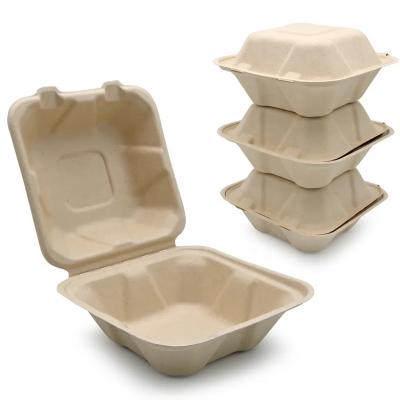 China Bio-degradable Compostable Take Out burger Box 6x6x3in Clamshell Food Containers with 1 Compartment 100% Biodegradable Sugarcane Microwave Safe for sale