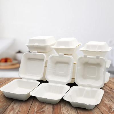 China Bio-degradable Compostable Clamshell Burger Box 6 x 6 Square Hinged Container Eco-Friendly Natural Sugar Plant Fiber Bagasse Bento Cake Box for sale