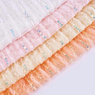 China Factory Supply Direct 300gsm Tulle Lace Polyester Breathable Beaded Embroidery Fabrics For Wedding Dress for sale