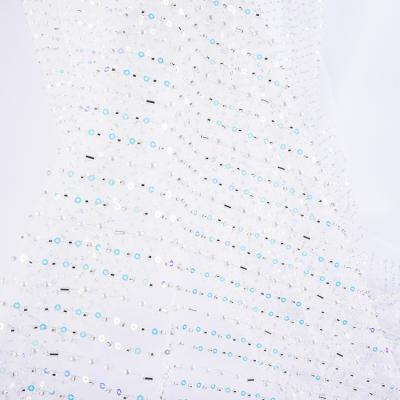 China Other fashion high grade embroidery glitter sequin white pearl tube lace bridal wedding fabric with pearl for sale