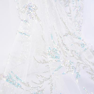 China Other Crystal Sequins Bridal Luxury Embroidery Beads Tube Wedding White Beaded Tulle Lace Fabric for sale