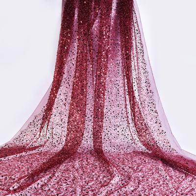 China Other Red Color Wholesale Custom Sequin Tube Embroidery Beaded Lace Fabric For Dress Wedding Bridal for sale