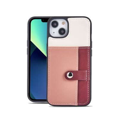 China Custom Designer Anti-fall Bicolor PU Leather Push Button Open Case Card Slot Phone Case for iphone 13 case for sale