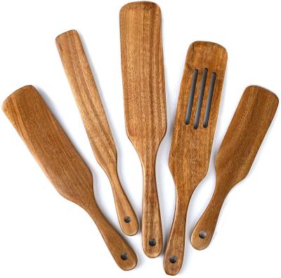 China Amazon Viable 5 Pack Non-Stick Logo Wooden Serving Spoon Spatula Custom Teak Wood Kitchen Utensil Cooking Set for sale