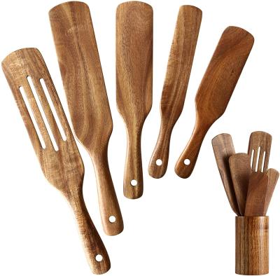 China Amazon Sustainable Hot Sale 6 Pack Natural Teak Wood Nonstick Kitchen Utensil Set Wooden Cookware Spurtle Wooden Set With Jujube Cup for sale