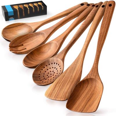 China Amazon Best Sustainable Selling 6Pcs Spoon Set Wood Spurtle Cookware Set Set Natural Premium Acacia Wooden Spatulas Kitchen Utensils for sale