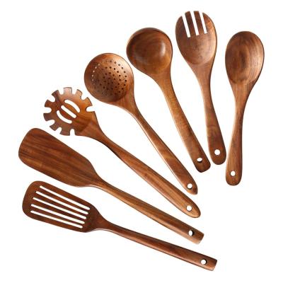 China Amazon Sustainable Best Selling 7 Pack Natural Teak Wood Kitchen Utensils Set Pocket Fork Spoon Wooden Kitchen Spatula Set For Cooking for sale