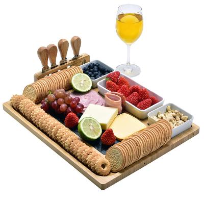 China Sustainable Wholesale Custom Wooden Bamboo Cheese Board Charcuterie Board Set With Cheese Knife And Ceramic Bowls for sale