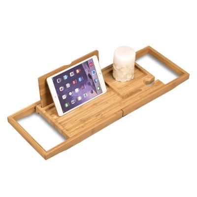 China Sustainable Multifunctional Bamboo Wooden Trolley Tray With Extending Sides Bathtub Tub for sale