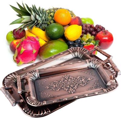 China food serving trays stainless steel red copper coating elegant floral dish with handles CNCAVA-003 for sale