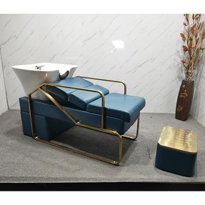 China Modern Popular Design Barbing Chair Shampoo Bed Rest Fix Footstool Lounge Used Shampoo Chairs Beds for sale