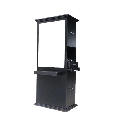 China Modern Barber Shop Suppliers Hair Salon Mirror Station With Cabinet Black Hairdressing Styling Station for sale