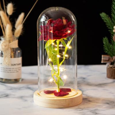 China Gift For Girls Valentines Mothers Day Gift Eternal Red Rose In Glass Dome Silk Flowers Artificial Led for sale