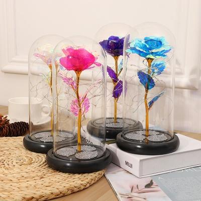 China Best Gift For One Loved Preserved Simple Artificial Galaxy Rose LED Light 24k Gold Aluminum Stem Rhinestone In Glass Dome For Valentine Holiday Beloved Gift for sale