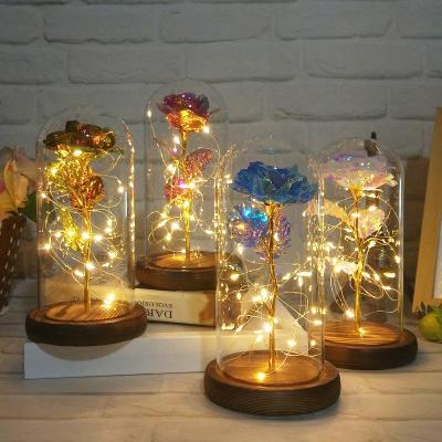 China Gift for Girls 24k Galaxy Foil Roses with Christmas Luminous Led Light Glass Dome for Mothers Valentine's Day Gift for sale