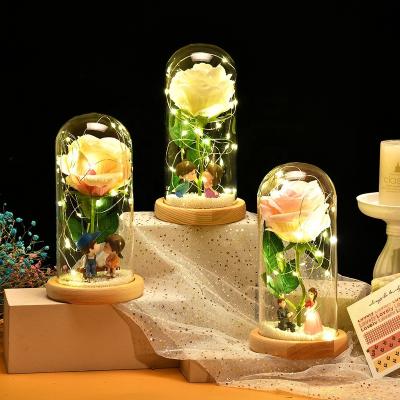 China Best Gift For One Loved Preserved Vivid Artificial Flower 24k Foil LED Light Silk Rose In Glass Dome For Wedding Valentine Decoration Proposal Gift for sale