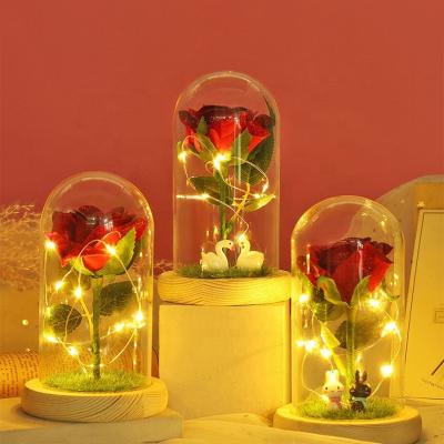 China Gift For Girls Gift Silk Flowers Rose In Glass Dome With Artificial Led Festival Light Valentine's Day Flowers Glass Artificial Flower for sale