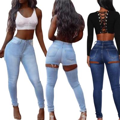 China PT8214 QUICK DRY Fringed Hip Cut Holes Denim Long Pencil Pants High Waist Washed Women Skinny Full Length Denim Jeans Pencil Pants for sale