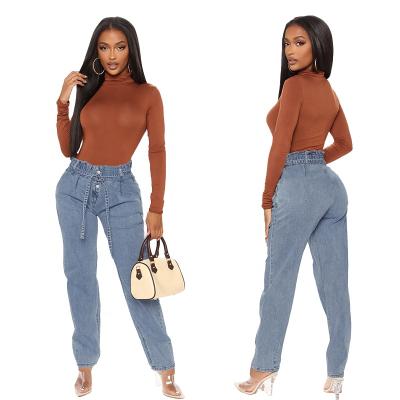 China Breathable Elastic Waist Straight-Leg Denim Pants Drawstring Button Closure Mom Jeans Washed Denim Boyfriend Distressed Pants for sale